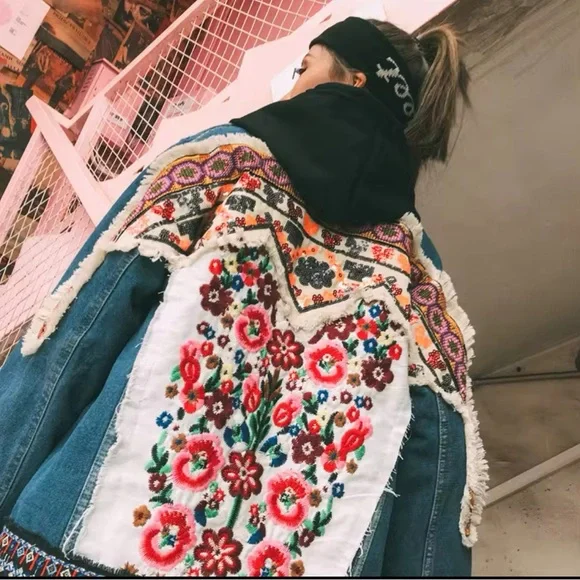 Denim bohemian stitched Aztec tribal floral embroidered denim jacket coat - Picture 15 of 16